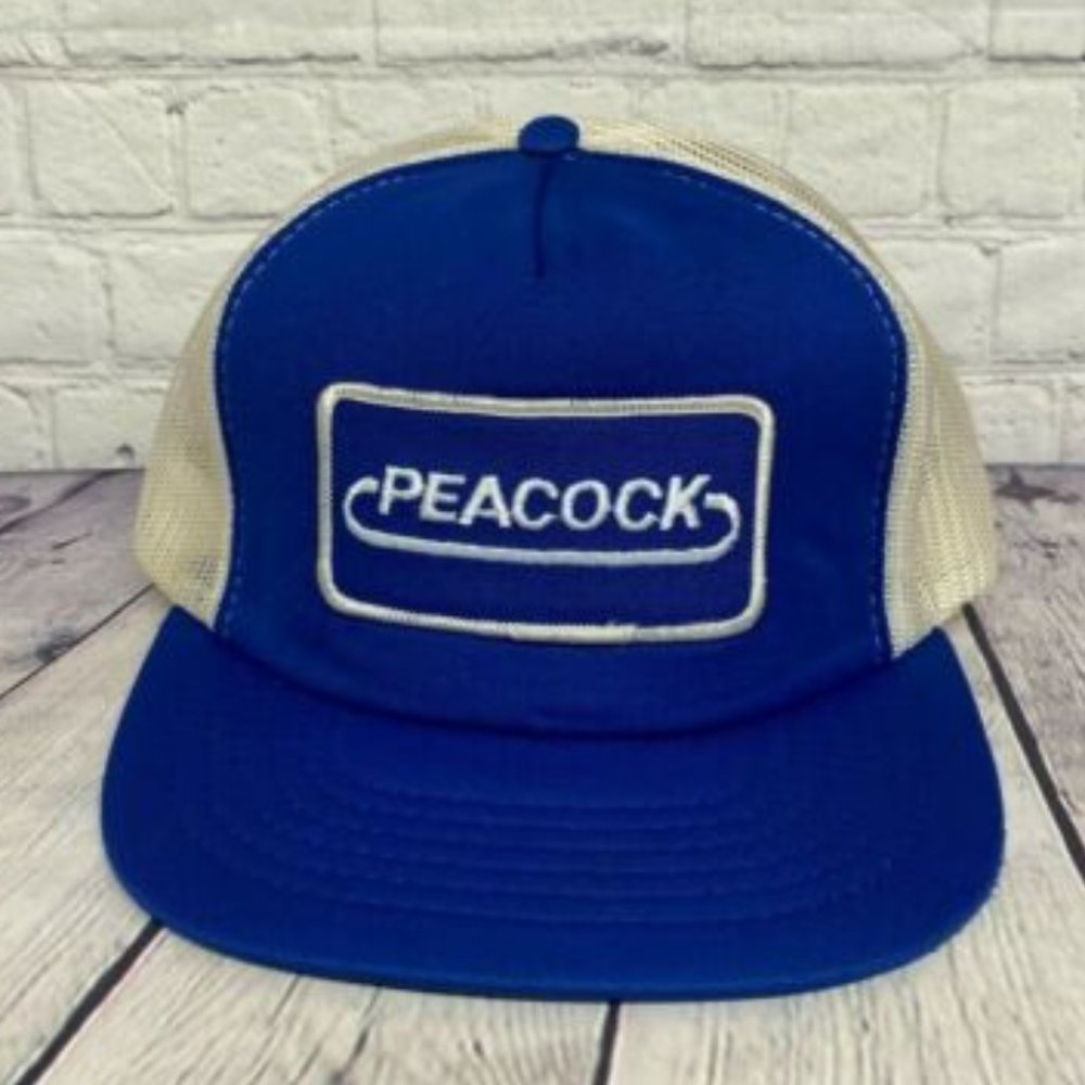 Vintage Trucker Hat Peacock Mesh Cap Snapback Embroidered Logo Patch Blue